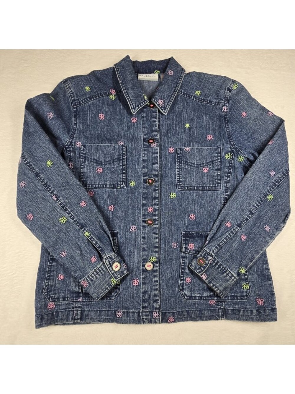 Alfred Dunner Denim Jacket Boxy Embroidered Butterfly Pockets Size 6 Petite